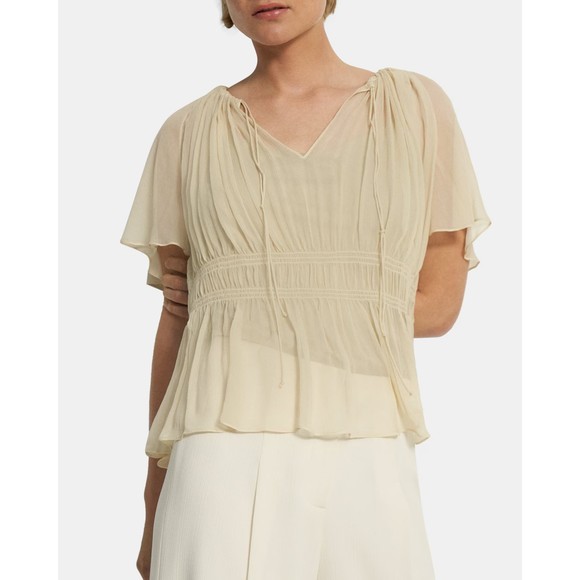 Theory Wmn Flax Tie Neck Raglan Short Sleeves Crinkled Silk Chiffon Top Sz M NWT - Picture 2 of 14